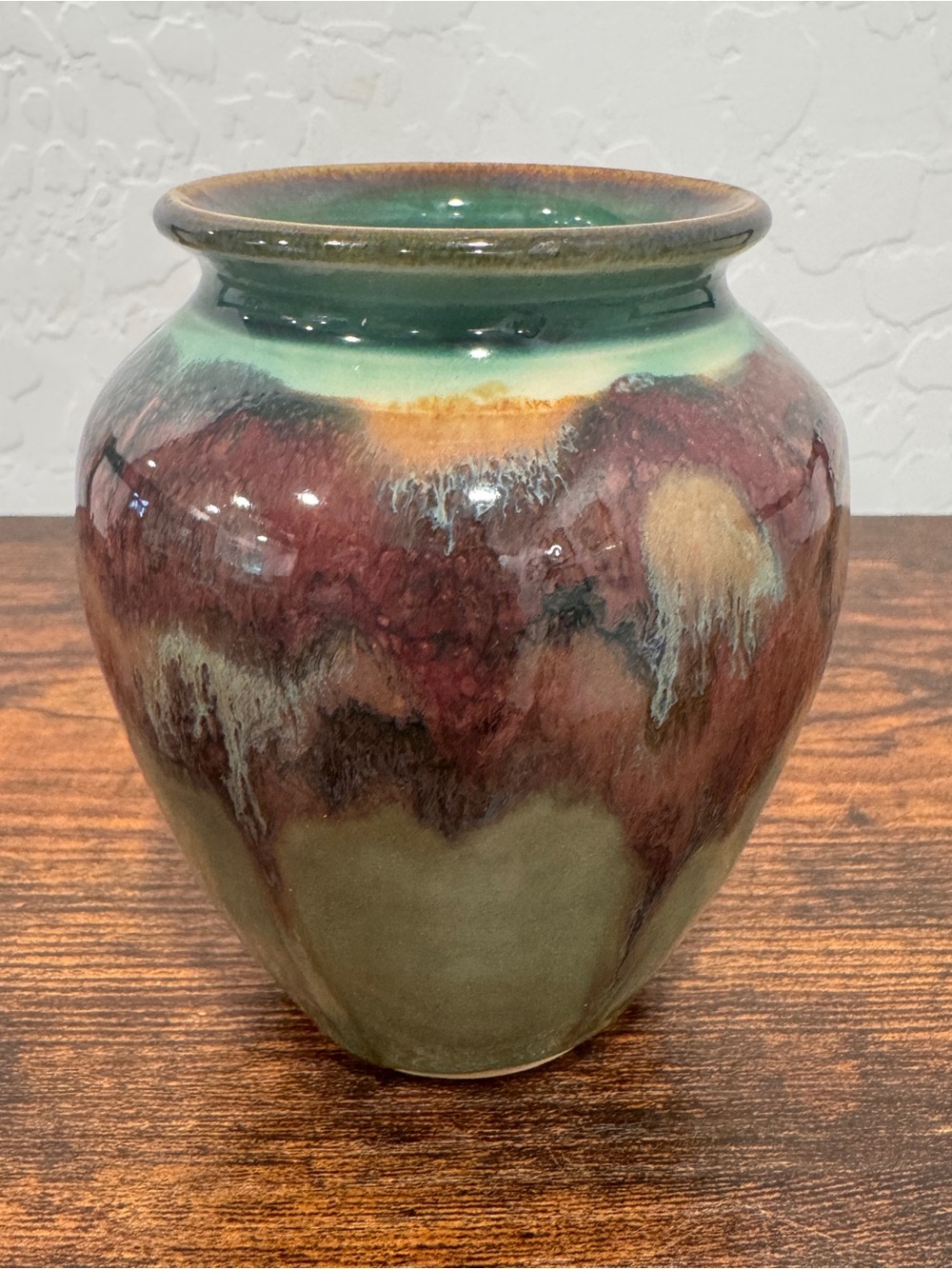 Studio Pottery Glazed Ceramic Art Vase in Green Reddish Brown 4.5” Glossy Drips
